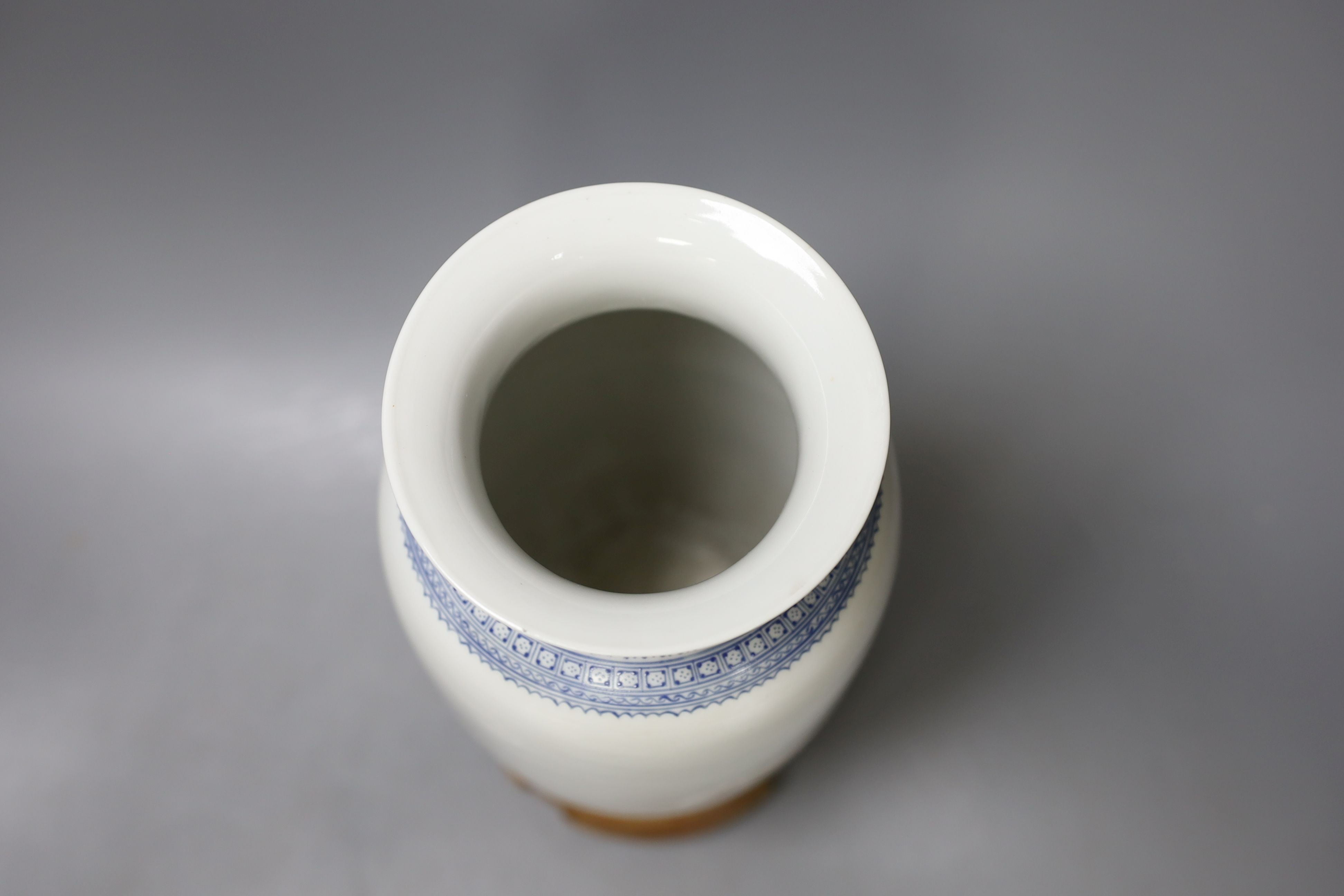 A mid 20th century Chinese enamelled porcelain winter landscape vase - 26cm tall including stand